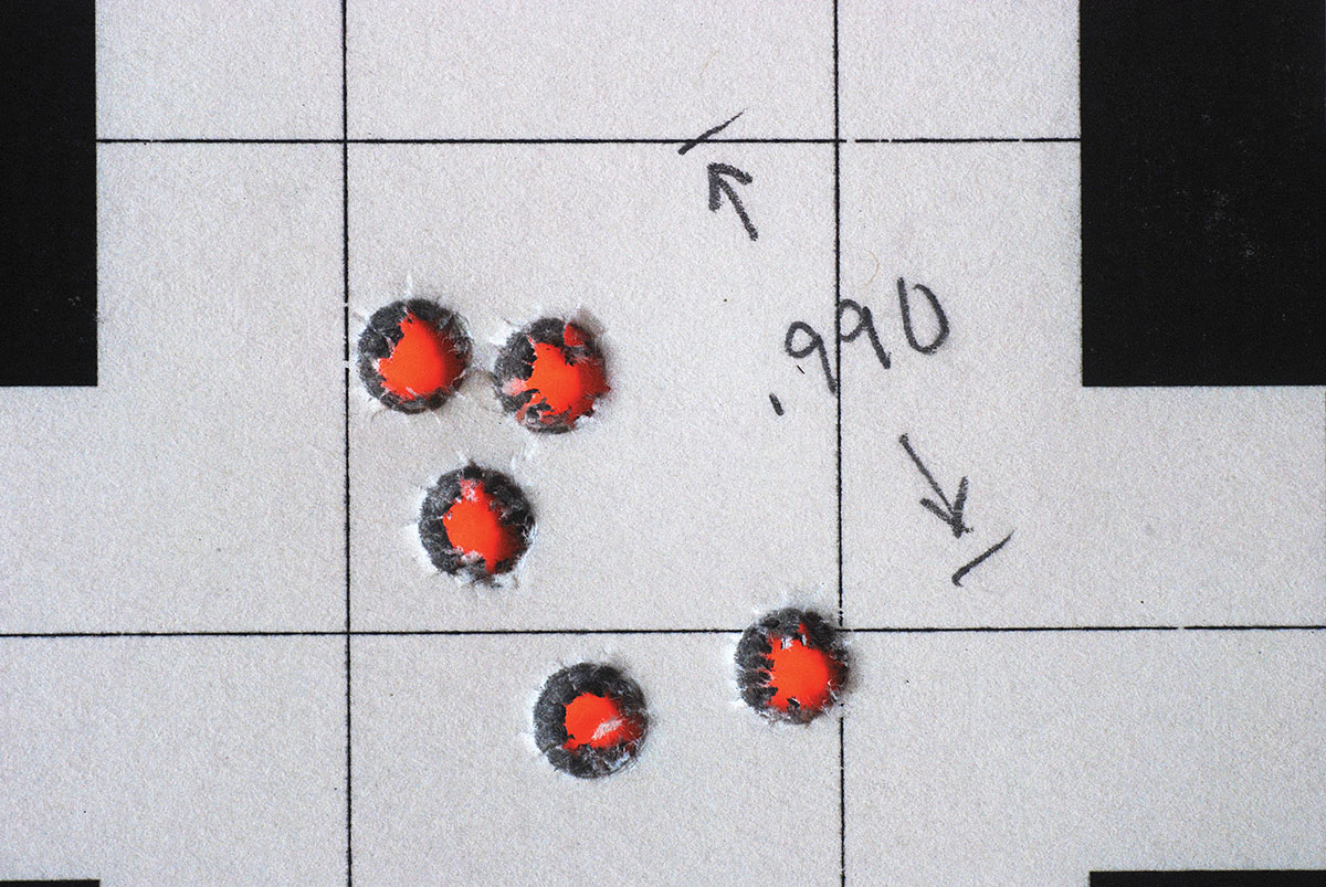 At just under an inch, this group with Sierra 90-grain full-jacketed boat-tails at 3,419 fps shows what the Vanguard Accuguard rifle could do in the wind.
